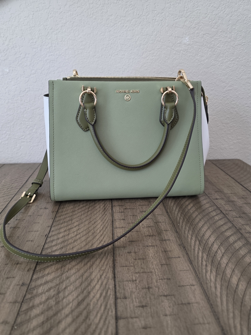 Michael Kors Sage Green Saffiano Leather Satchel with White Sides